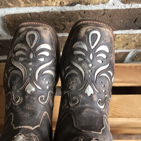 RARE Vintage Roper leather Brown Silver Inlay Boots Country Western Cowboy
