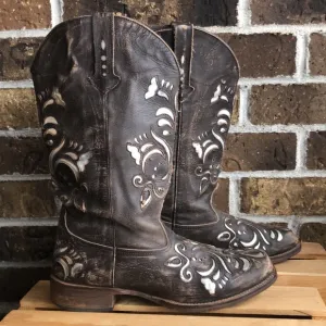 RARE Vintage Roper leather Brown Silver Inlay Boots Country Western Cowboy