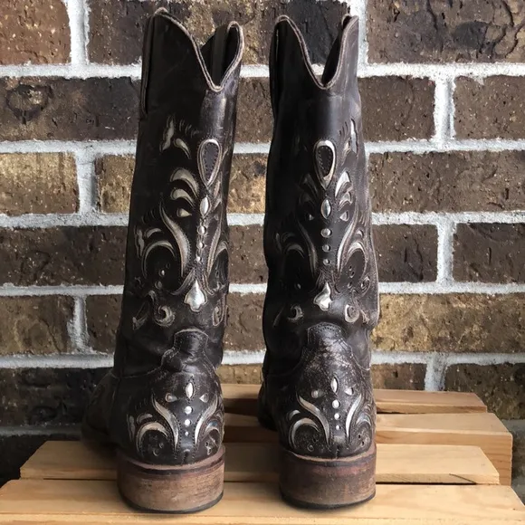 RARE Vintage Roper leather Brown Silver Inlay Boots Country Western Cowboy