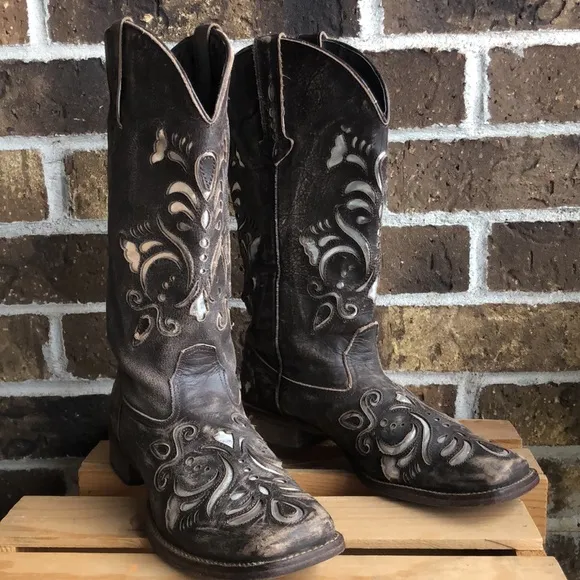 RARE Vintage Roper leather Brown Silver Inlay Boots Country Western Cowboy