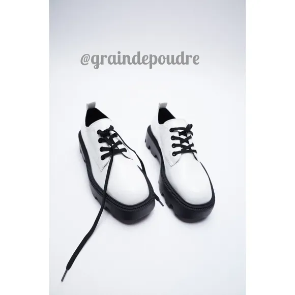 Rare! Zara White Vegan Leather Rugged Platform Heel Creeper Oxfords 38 7.5