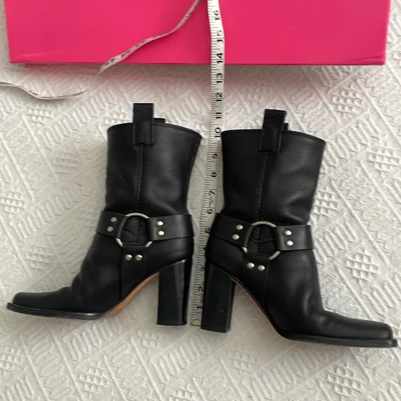 Real Leather Black Women's Boots silver buckle studsstacked wood heel 5 1/2 M