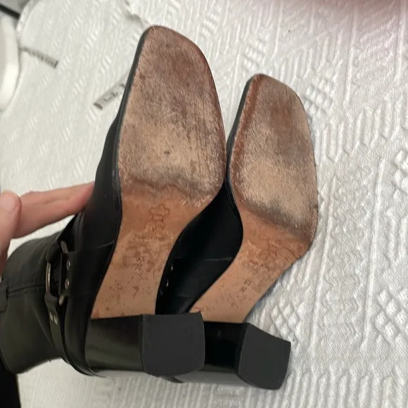 Real Leather Black Women's Boots silver buckle studsstacked wood heel 5 1/2 M