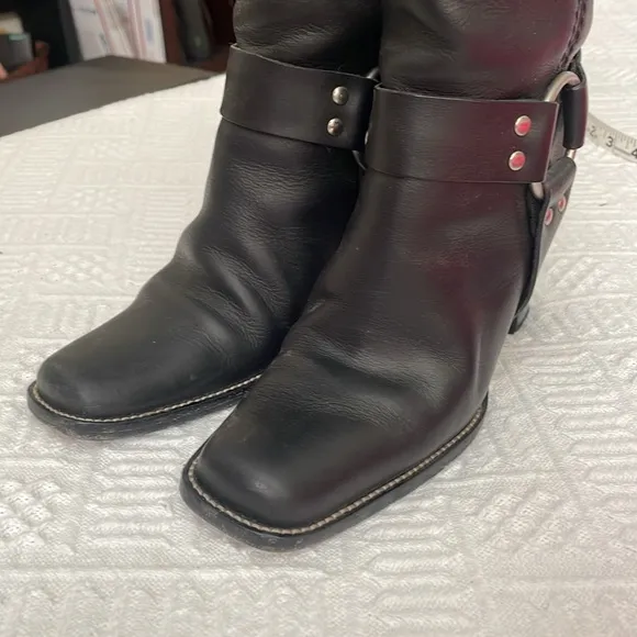 Real Leather Black Women's Boots silver buckle studsstacked wood heel 5 1/2 M