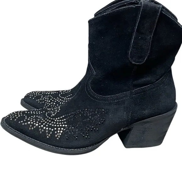 Reba Women's Black Suede Studded Thunderbird Western Cowgirl Booties 7.5