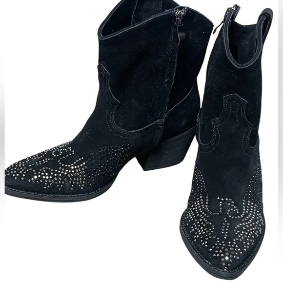 Reba Women's Black Suede Studded Thunderbird Western Cowgirl Booties 7.5