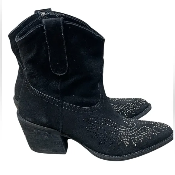 Reba Women's Black Suede Studded Thunderbird Western Cowgirl Booties 7.5