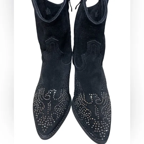 Reba Women's Black Suede Studded Thunderbird Western Cowgirl Booties 7.5