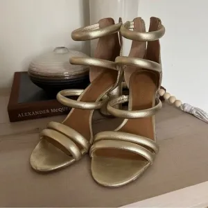 Rebecca Minkoff Gold Strap Heel Sandals, zipper back, gladiator, metallic US 8