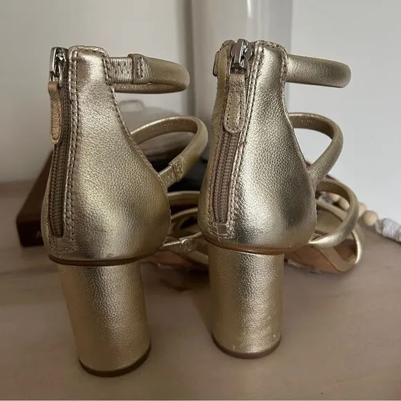 Rebecca Minkoff Gold Strap Heel Sandals, zipper back, gladiator, metallic US 8