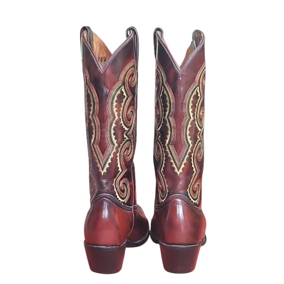 Red Bull Vintage Cowgirl Leather Boots with Ornate Stitching and Stacked Heel