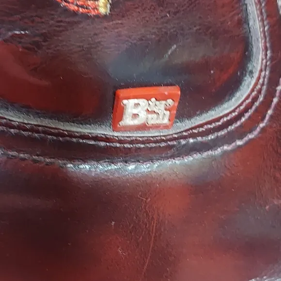 Red Bull Vintage Cowgirl Leather Boots with Ornate Stitching and Stacked Heel