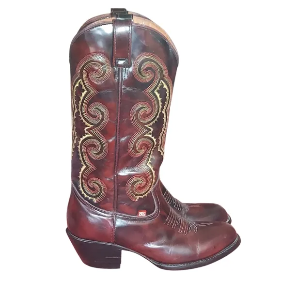 Red Bull Vintage Cowgirl Leather Boots with Ornate Stitching and Stacked Heel