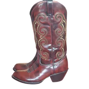 Red Bull Vintage Cowgirl Leather Boots with Ornate Stitching and Stacked Heel