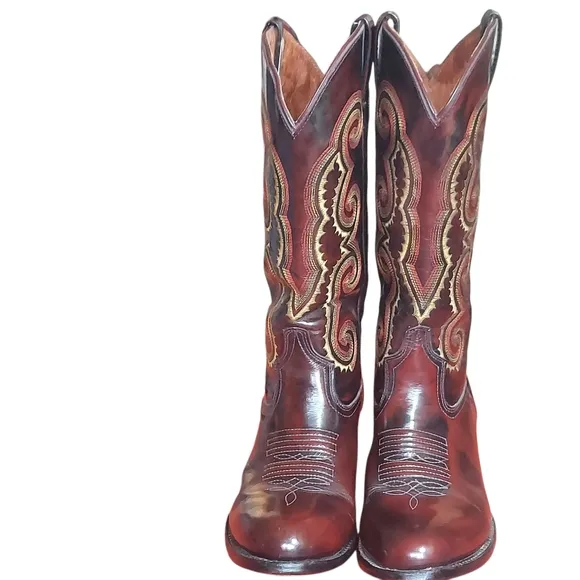 Red Bull Vintage Cowgirl Leather Boots with Ornate Stitching and Stacked Heel