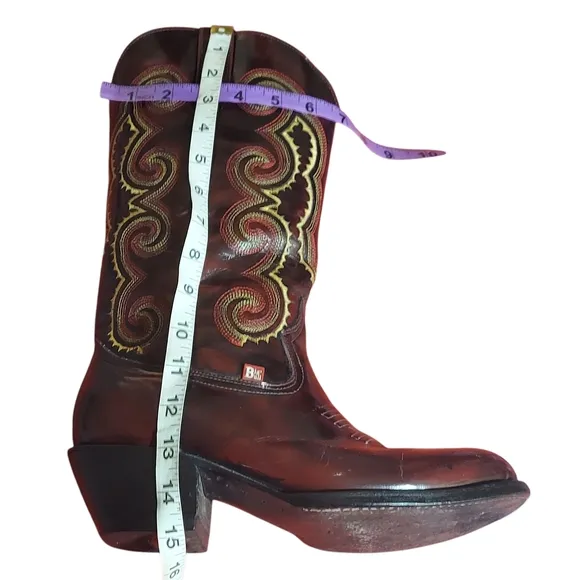 Red Bull Vintage Cowgirl Leather Boots with Ornate Stitching and Stacked Heel
