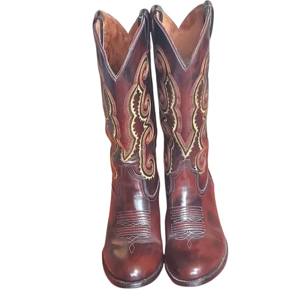 Red Bull Vintage Cowgirl Leather Boots with Ornate Stitching and Stacked Heel