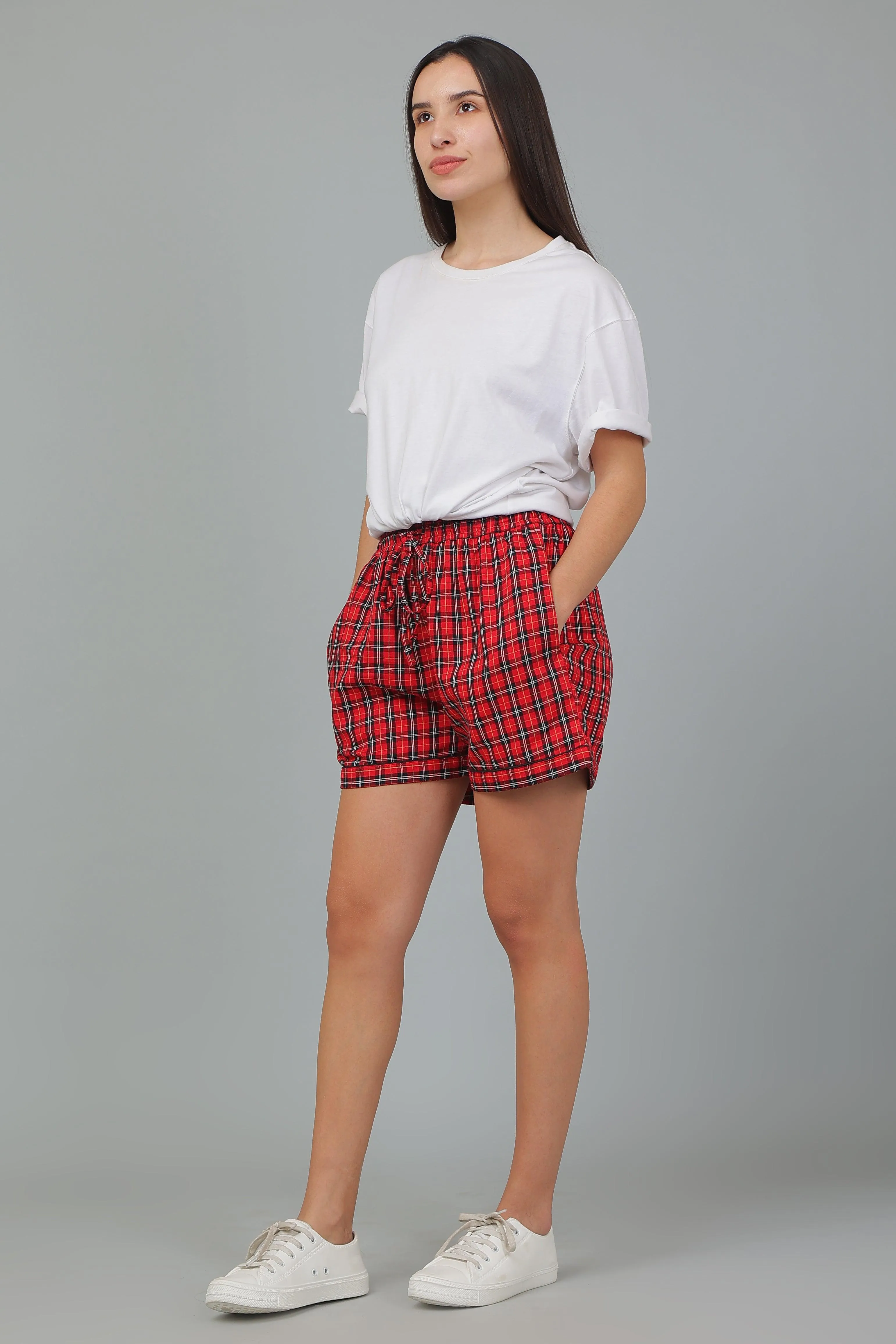 Red Cotton Loungewear Shorts Red for Women I Athleisure I Sportswear I Nightwear I Christmas Checks