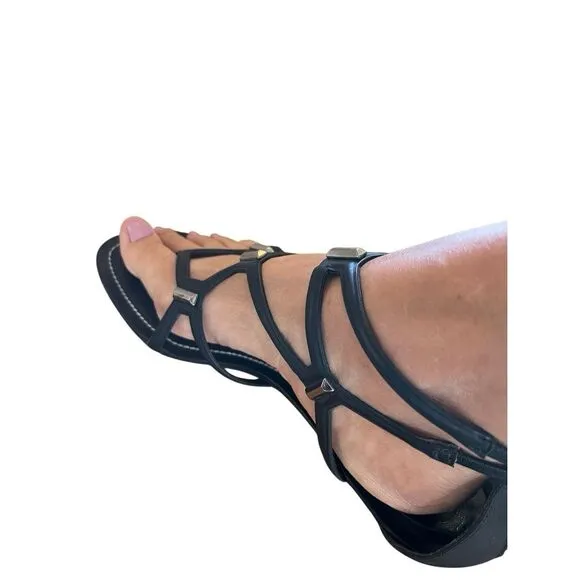 Rene Caovilla Black Leather Flat Gladiator Sandal Zip Back Silver Accent 38/8