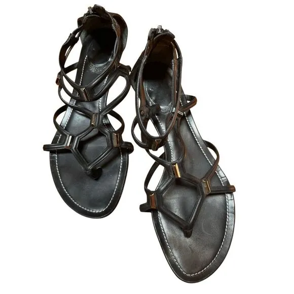 Rene Caovilla Black Leather Flat Gladiator Sandal Zip Back Silver Accent 38/8