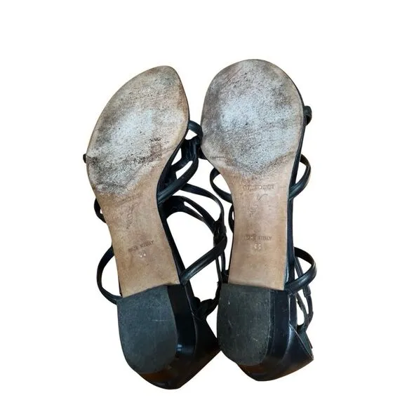 Rene Caovilla Black Leather Flat Gladiator Sandal Zip Back Silver Accent 38/8