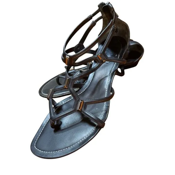 Rene Caovilla Black Leather Flat Gladiator Sandal Zip Back Silver Accent 38/8