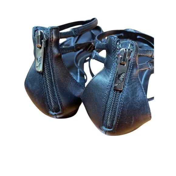 Rene Caovilla Black Leather Flat Gladiator Sandal Zip Back Silver Accent 38/8