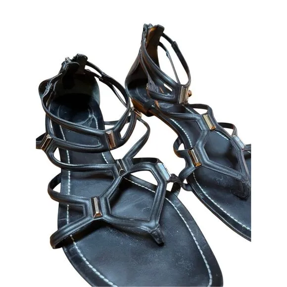Rene Caovilla Black Leather Flat Gladiator Sandal Zip Back Silver Accent 38/8