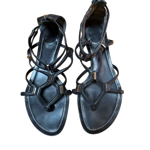 Rene Caovilla Black Leather Flat Gladiator Sandal Zip Back Silver Accent 38/8