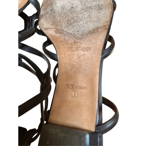 Rene Caovilla Black Leather Flat Gladiator Sandal Zip Back Silver Accent 38/8