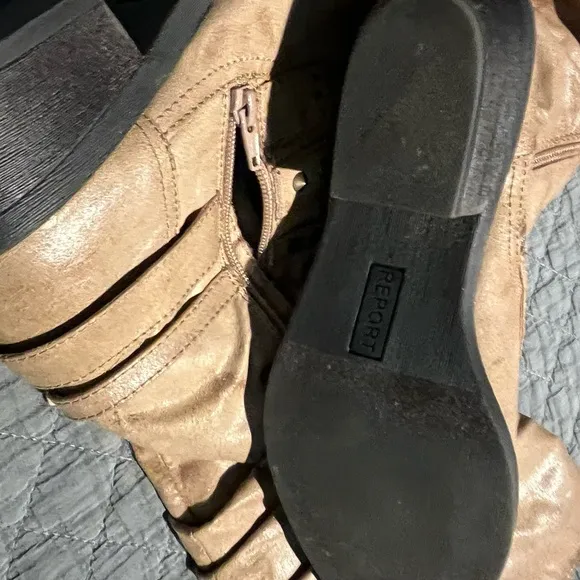 Report Signature Tan Tall Heeled Boots with Chunky Heel and Straps SZ 9 Western