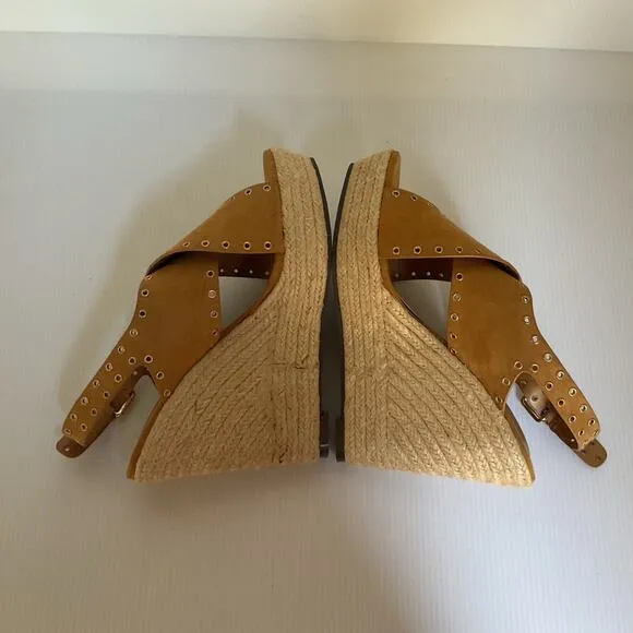 Report Wedge Sandals  Caden Espadrille Studded Tan Platform Peep Toe Boxed Sz 7