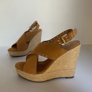 Report Wedge Sandals  Caden Espadrille Studded Tan Platform Peep Toe Boxed Sz 7