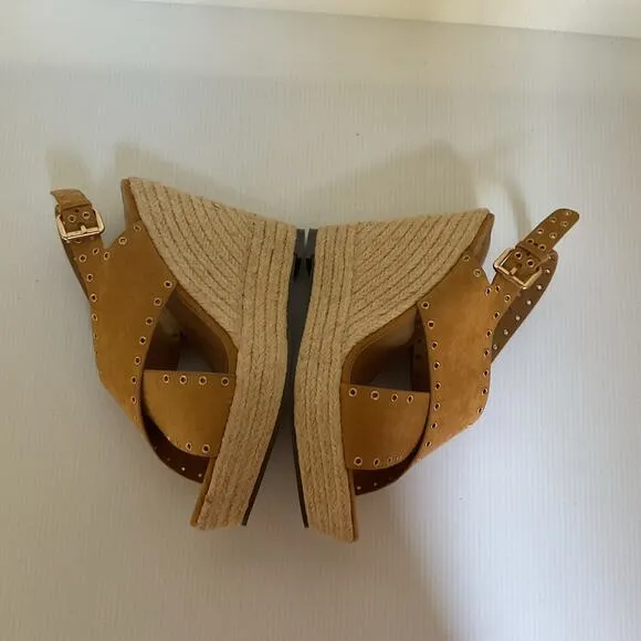 Report Wedge Sandals  Caden Espadrille Studded Tan Platform Peep Toe Boxed Sz 7
