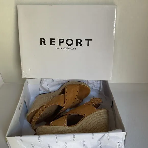 Report Wedge Sandals  Caden Espadrille Studded Tan Platform Peep Toe Boxed Sz 7