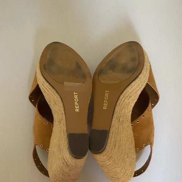 Report Wedge Sandals  Caden Espadrille Studded Tan Platform Peep Toe Boxed Sz 7