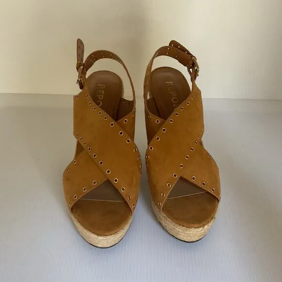 Report Wedge Sandals  Caden Espadrille Studded Tan Platform Peep Toe Boxed Sz 7