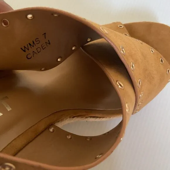 Report Wedge Sandals  Caden Espadrille Studded Tan Platform Peep Toe Boxed Sz 7