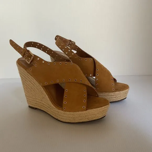 Report Wedge Sandals  Caden Espadrille Studded Tan Platform Peep Toe Boxed Sz 7