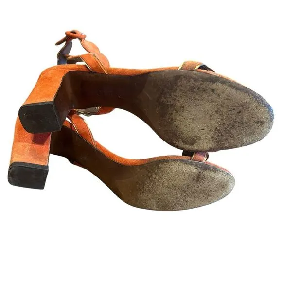 Revolve Tabitha Simmons Orange Suede Leather Scalloped Sandals Block Heels