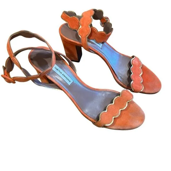 Revolve Tabitha Simmons Orange Suede Leather Scalloped Sandals Block Heels