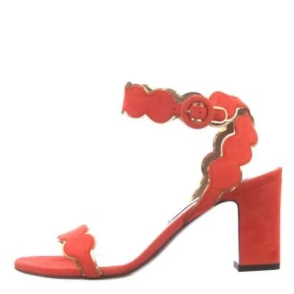 Revolve Tabitha Simmons Orange Suede Leather Scalloped Sandals Block Heels