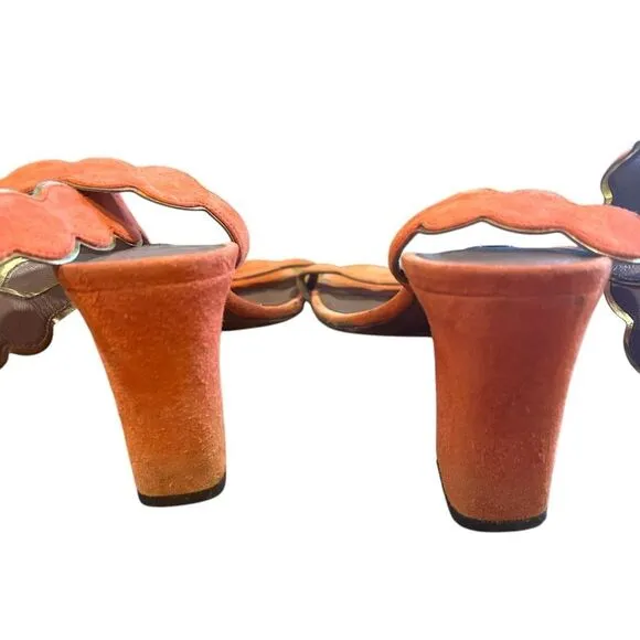 Revolve Tabitha Simmons Orange Suede Leather Scalloped Sandals Block Heels
