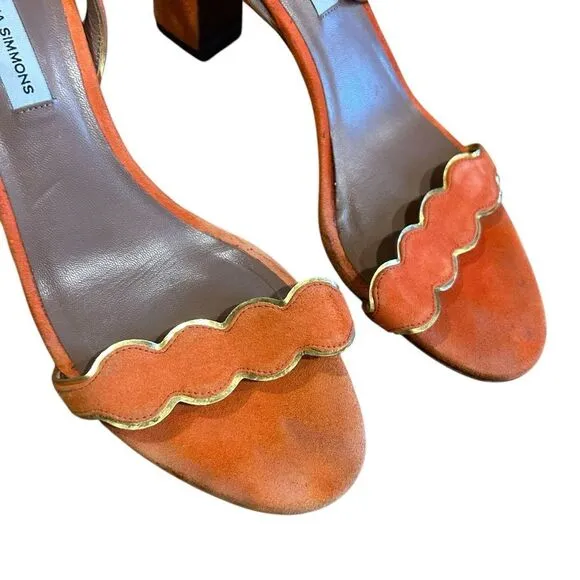 Revolve Tabitha Simmons Orange Suede Leather Scalloped Sandals Block Heels