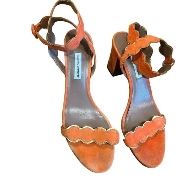 Revolve Tabitha Simmons Orange Suede Leather Scalloped Sandals Block Heels