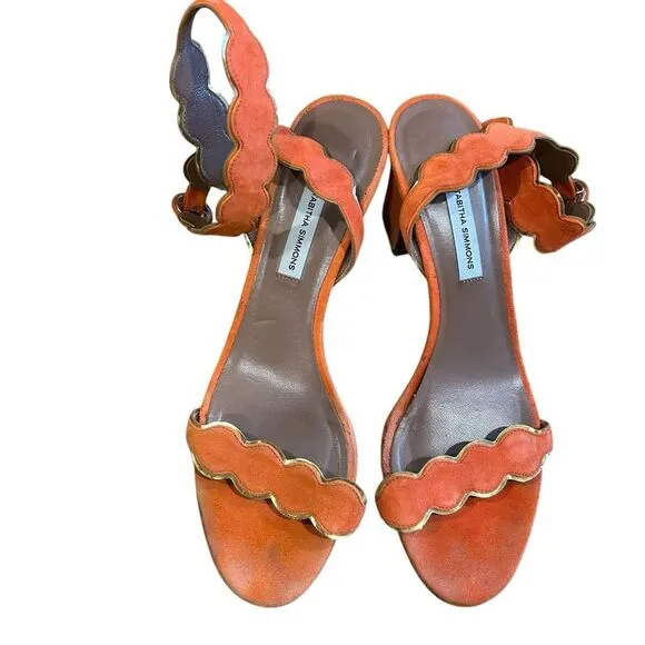 Revolve Tabitha Simmons Orange Suede Leather Scalloped Sandals Block Heels