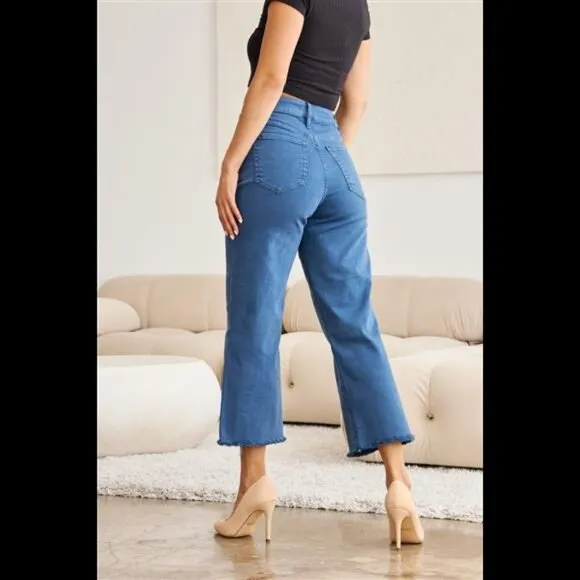 RFM Crop Chloe Full Size Tummy Control High Waist Raw Hem Jeans