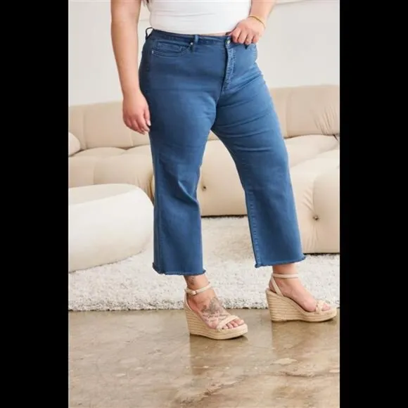 RFM Crop Chloe Full Size Tummy Control High Waist Raw Hem Jeans