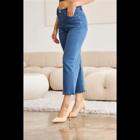 RFM Crop Chloe Full Size Tummy Control High Waist Raw Hem Jeans