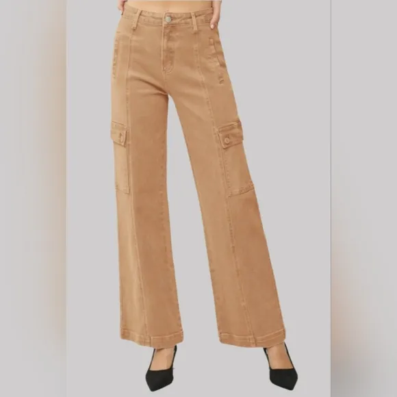 RISEN Cargo High-Rise Denim Wide Leg Boyfriend Fit 90s Retro Utility Jean Pants